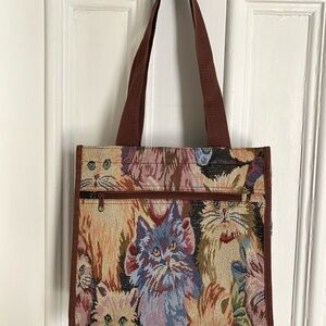 Vintage Cat Tapestry Tote Bag with Brown Handles